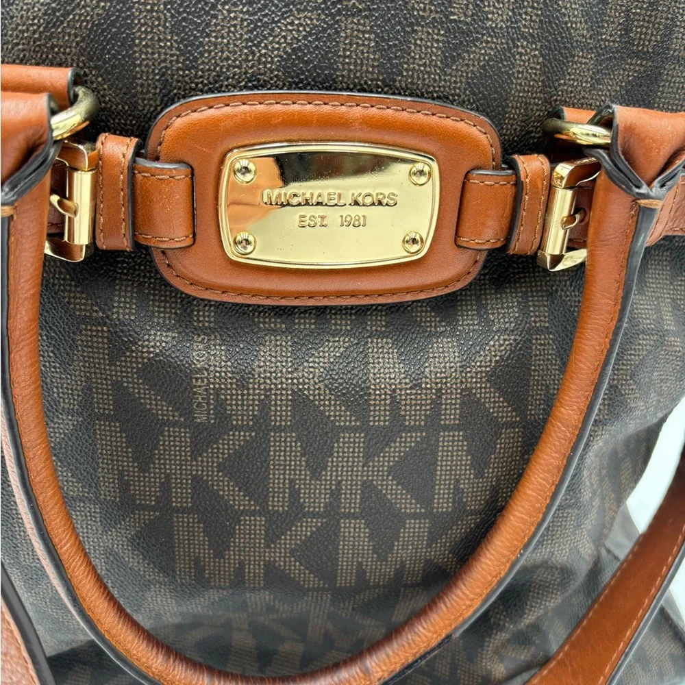 Michael Kors Hamilton Large Brown MK Logo Tote Bag Gold Chain Leather Trim‎ Bag
